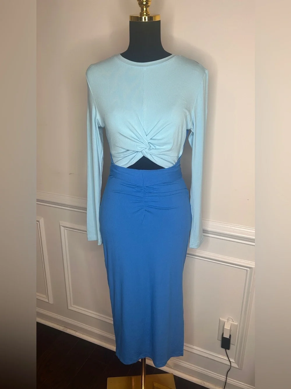Light Blue Twist Front Long Sleeve Top with Royal Blue Midi Skirt